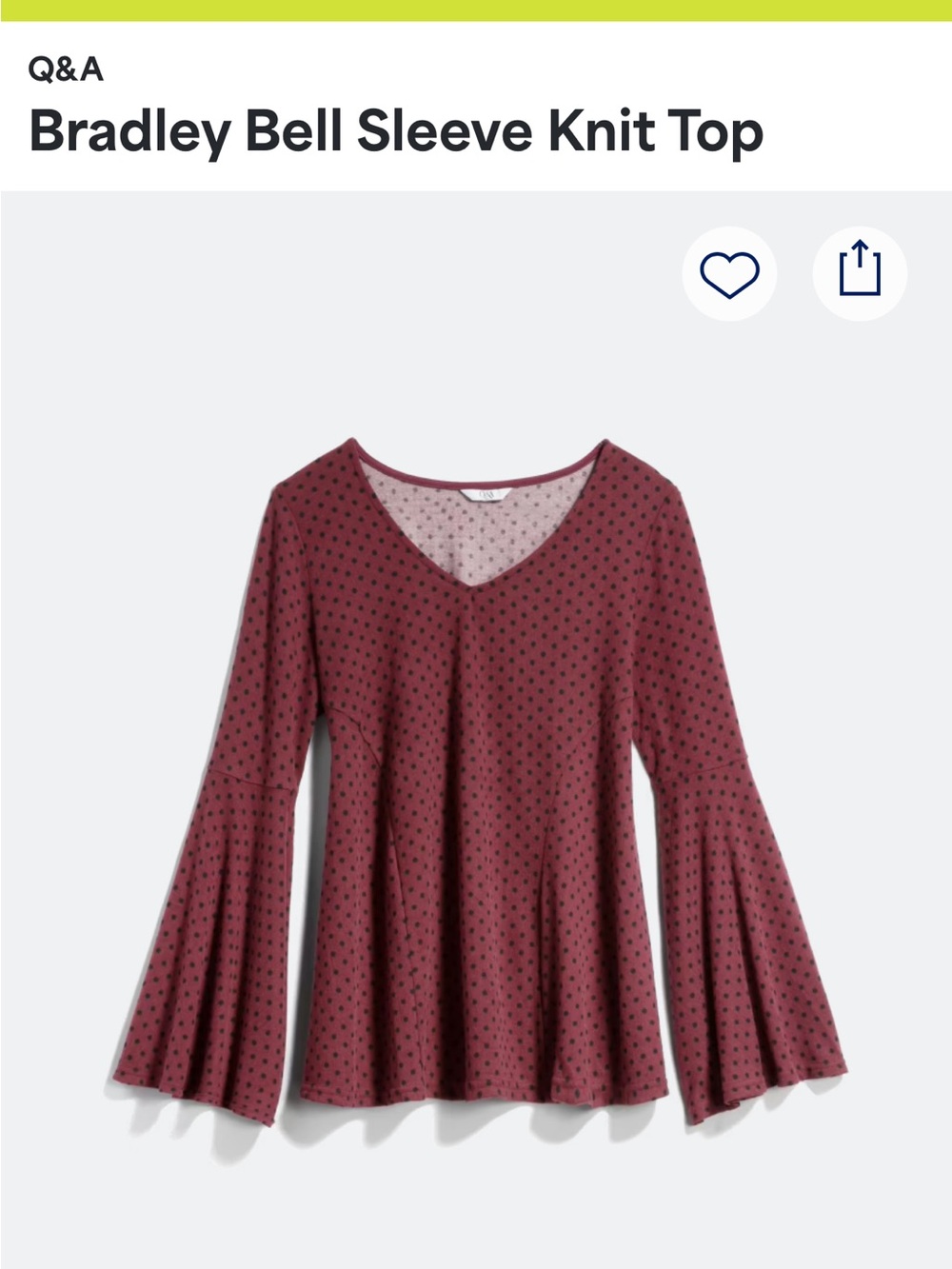 Brady Bell Sleeve knit top V-Neck Burgundy Polka Dot NWOT LP